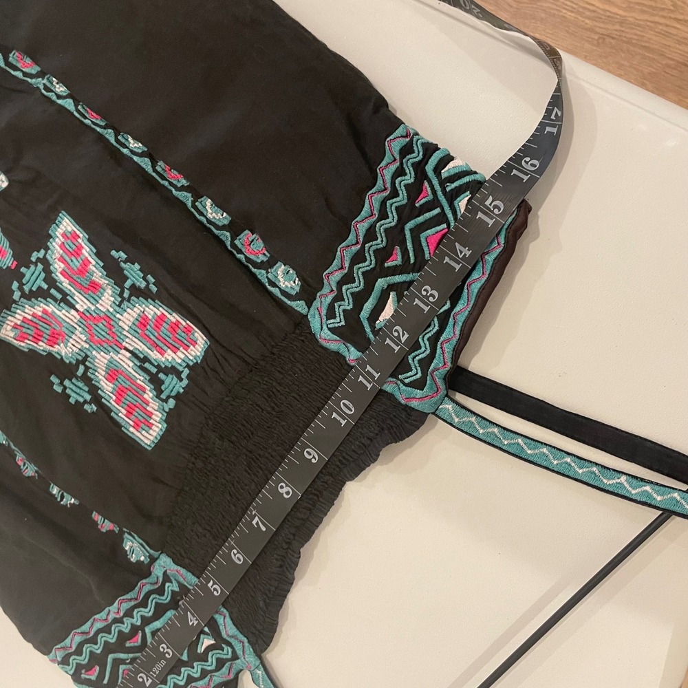 Gold Hawk Black Silk Embroidered Southwestern Boho Cami Top‎ Lace Smocked Y2K - Picture 6 of 7